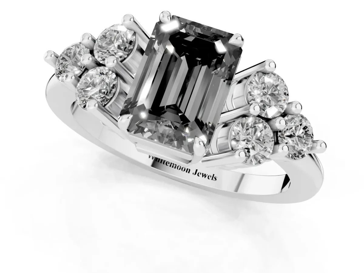 Fancy Black Emerald Cut Brilliant Diamond Cluster Accent Solitaire Ring with Prong Setting Platinum