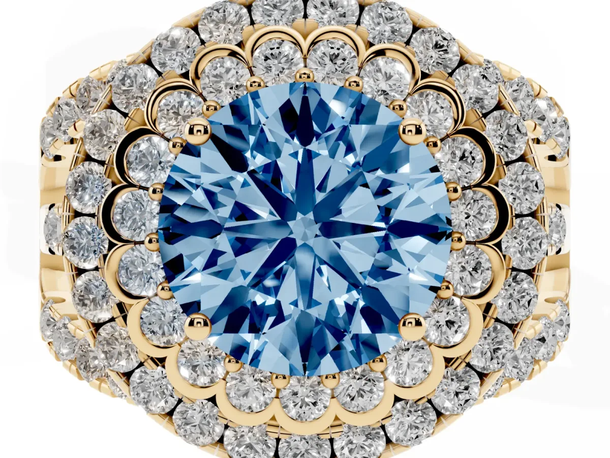 Fancy Blue Round Cut Diamond Double Halo Ring with Round Pavé Split Shank and Prong Setting Yellow gold