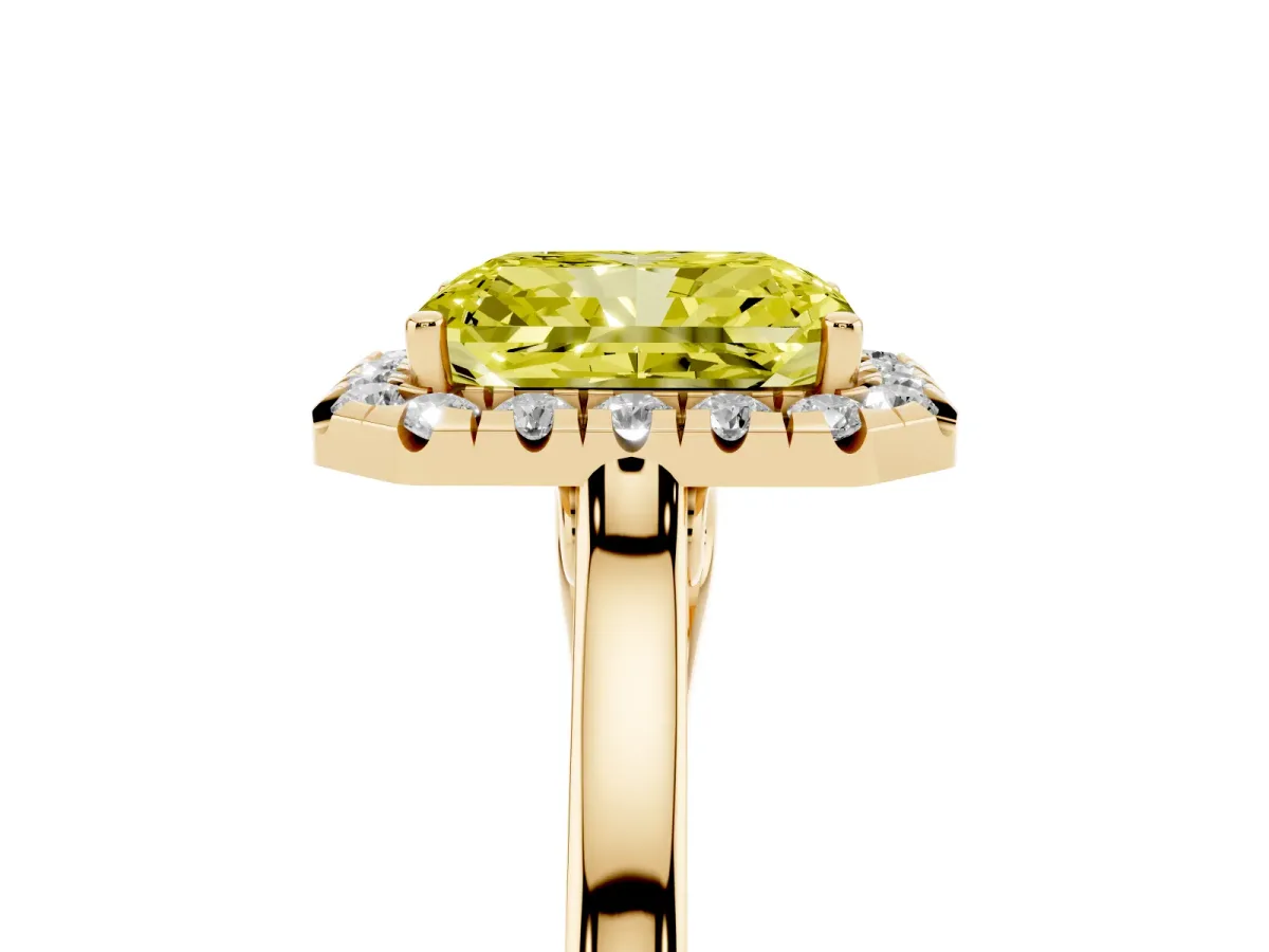 Fancy Yellow Radiant Cut Halo Round Diamond Solitaire Ring with Pavé Band and Four-Prong Setting Yellow gold