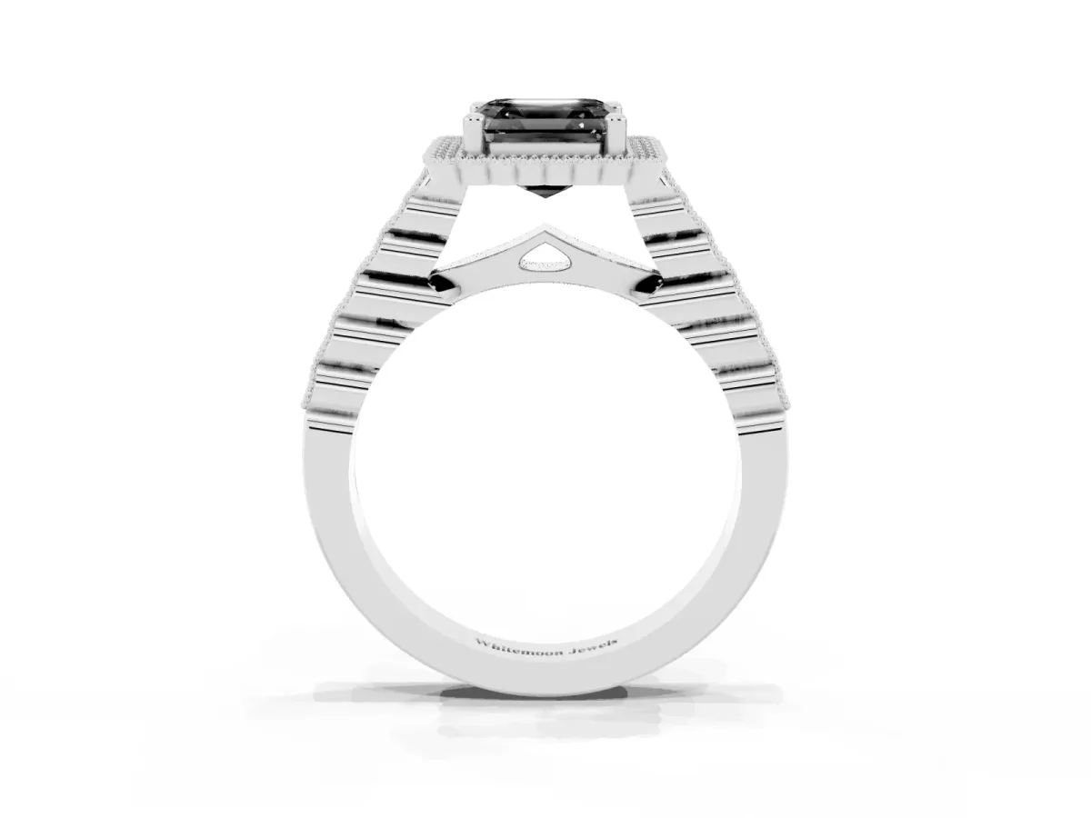 Fancy Black Asscher Cut Cut Halo Pavé Solitaire Ring with Milgrain Band Silver