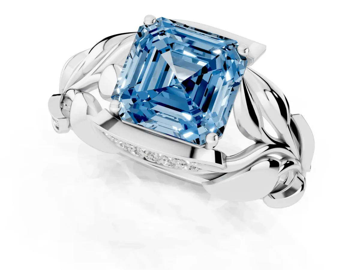Fancy Blue Asscher Cut Diamond Leaf-Inspired Engagement Ring with Round Accents and Prong Setting Silver