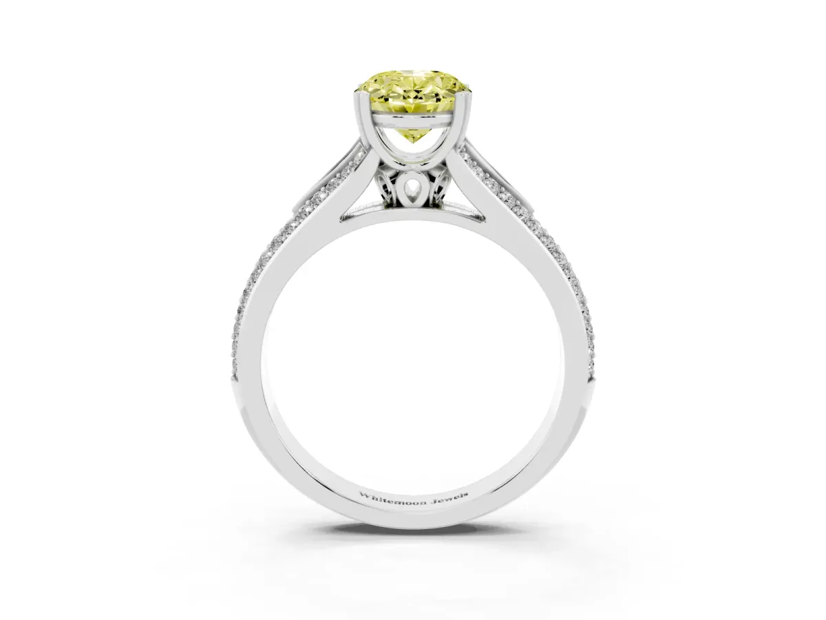 Fancy Yellow Oval Cut Diamond Split Shank Engagement Ring with Pavé Band Silver