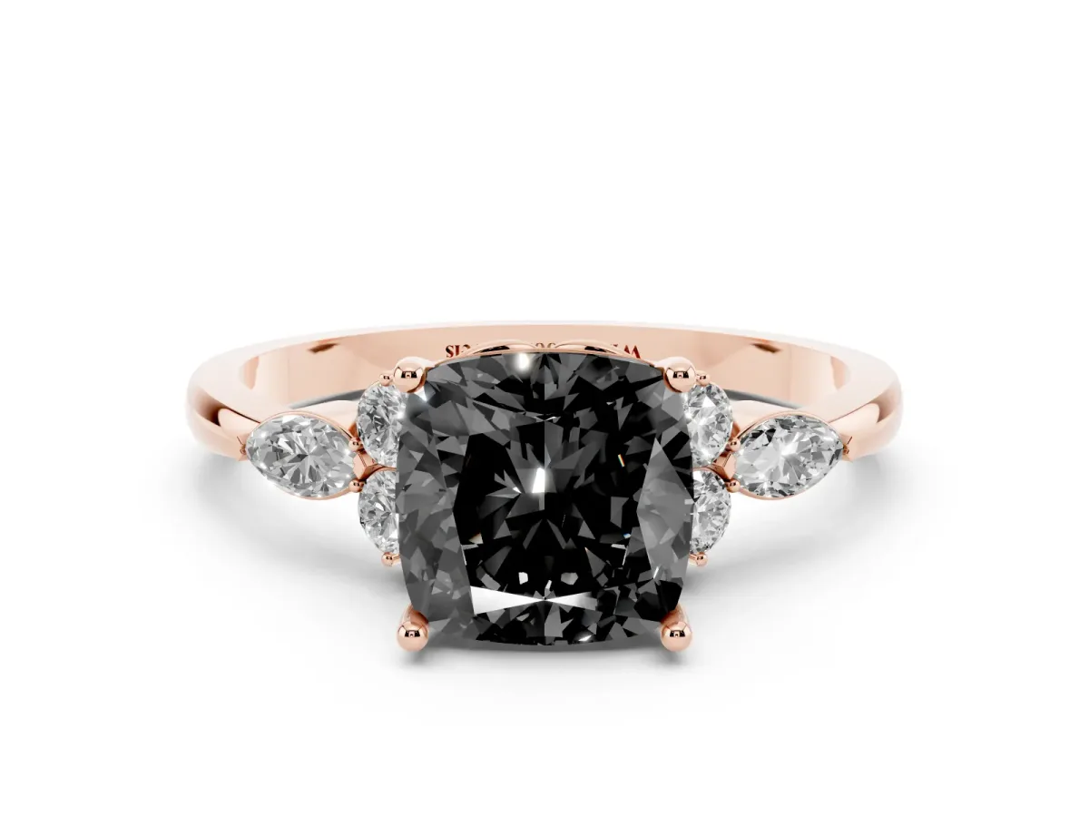 Fancy Black Cushion Cut Brilliant Diamond Solitaire Ring with Pear Side Stones and Four-Prong Setting Rose gold