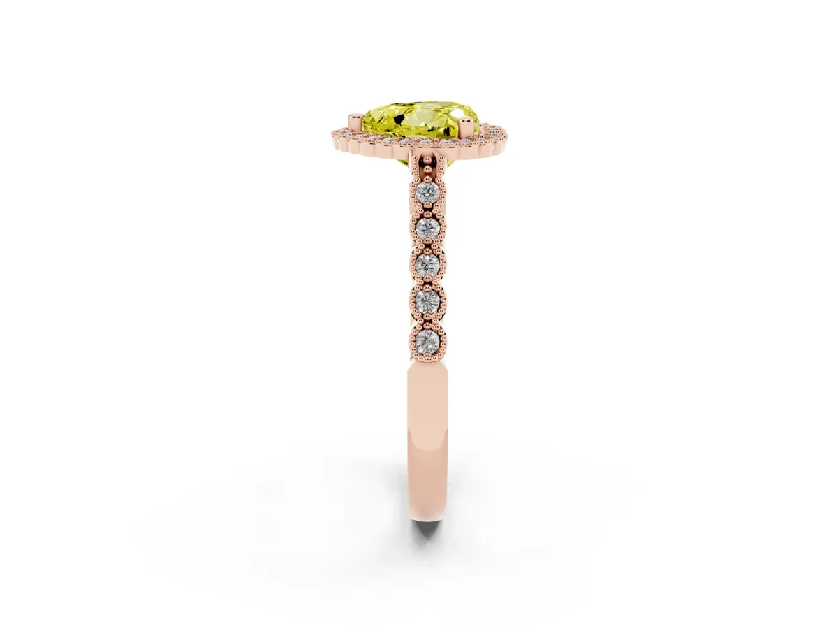 Fancy Yellow Heart Cut Cut Halo Pavé Solitaire Ring with Milgrain Band Rose gold