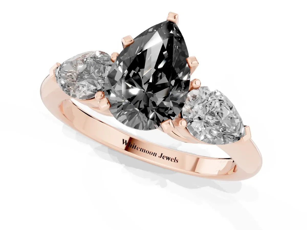 Fancy Black Three-Stone Pear Cut Diamond Ring with Pear Side Stones and Four-Prong Setting Rose gold