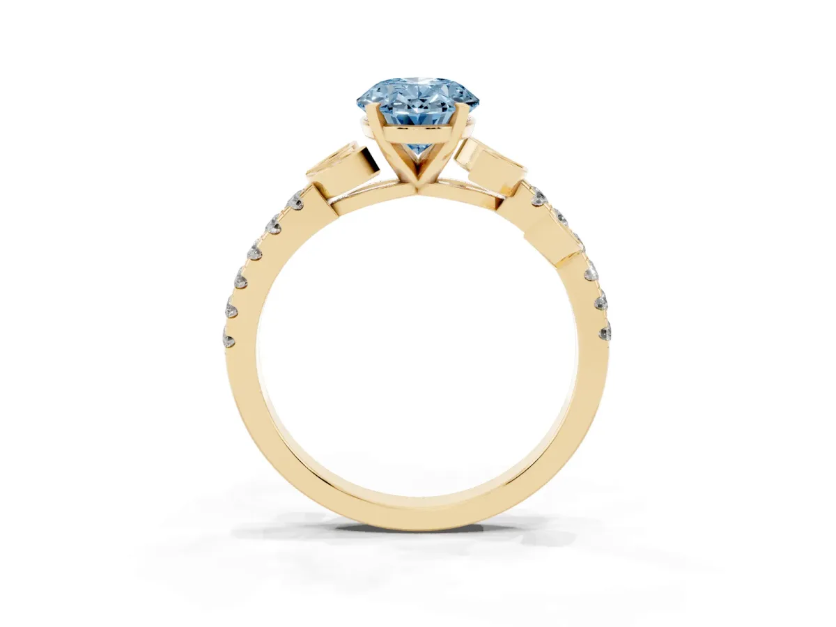Fancy Blue Oval Cut Solitaire Leaf-Inspired Diamond Ring with Pavé Band and Four-Prong Setting Yellow gold