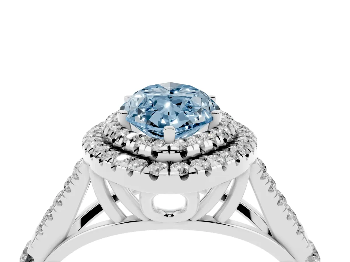 Fancy Blue Marquise Cut Diamond Pavé Split Shank Double Halo Engagement Ring Platinum
