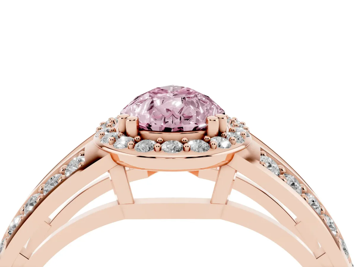 Fancy Pink Pear Cut Diamond Halo Ring with Split Shank Pavé Band and Four-Prong Setting Rose gold