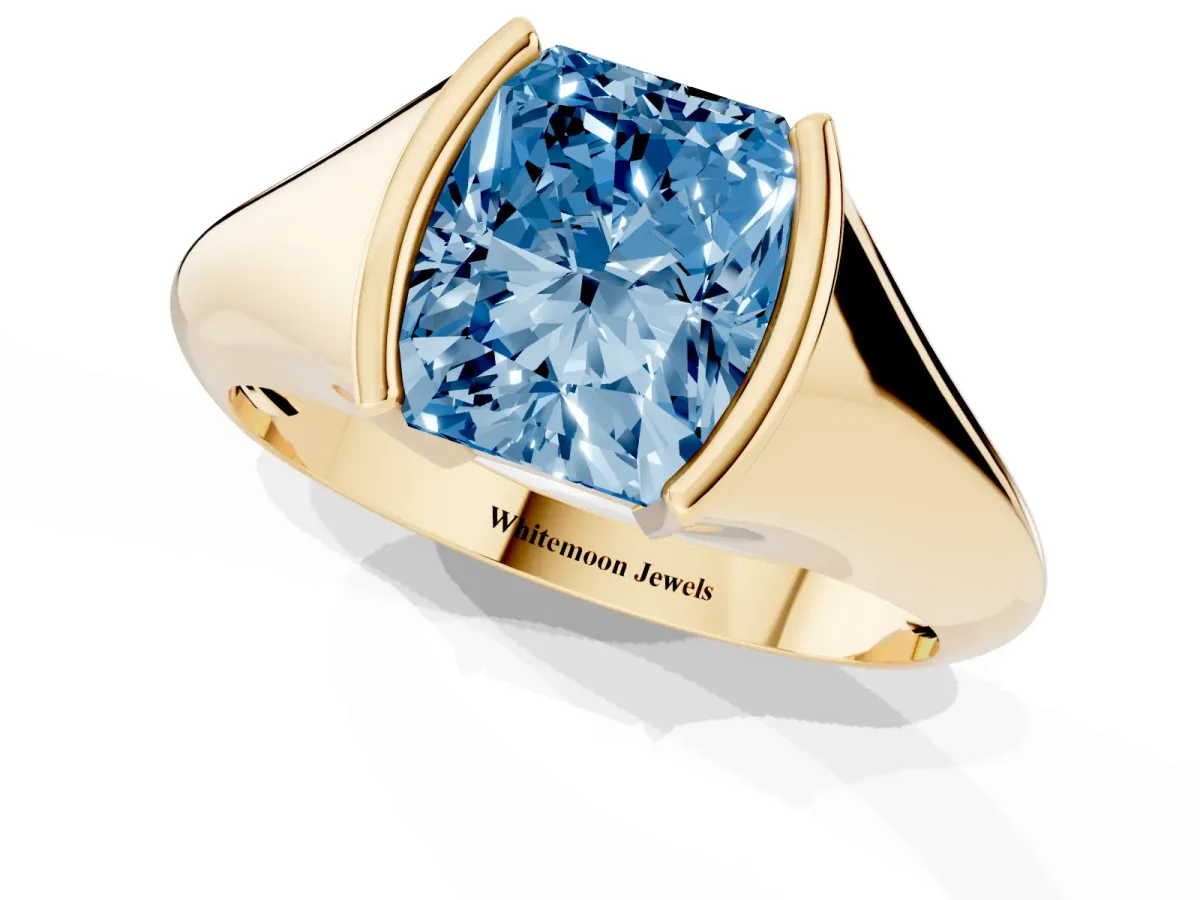 Fancy Blue Radiant Cut Solitaire Tension Set Diamond Ring Yellow gold