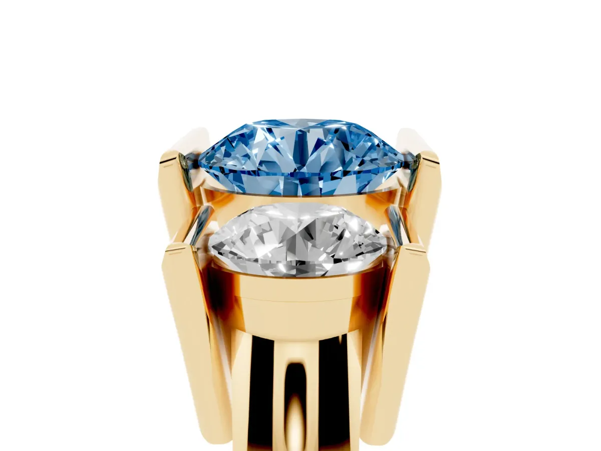 Fancy Blue Three Stone Round Cut Cut Channel Set Diamond Ring Yellow gold