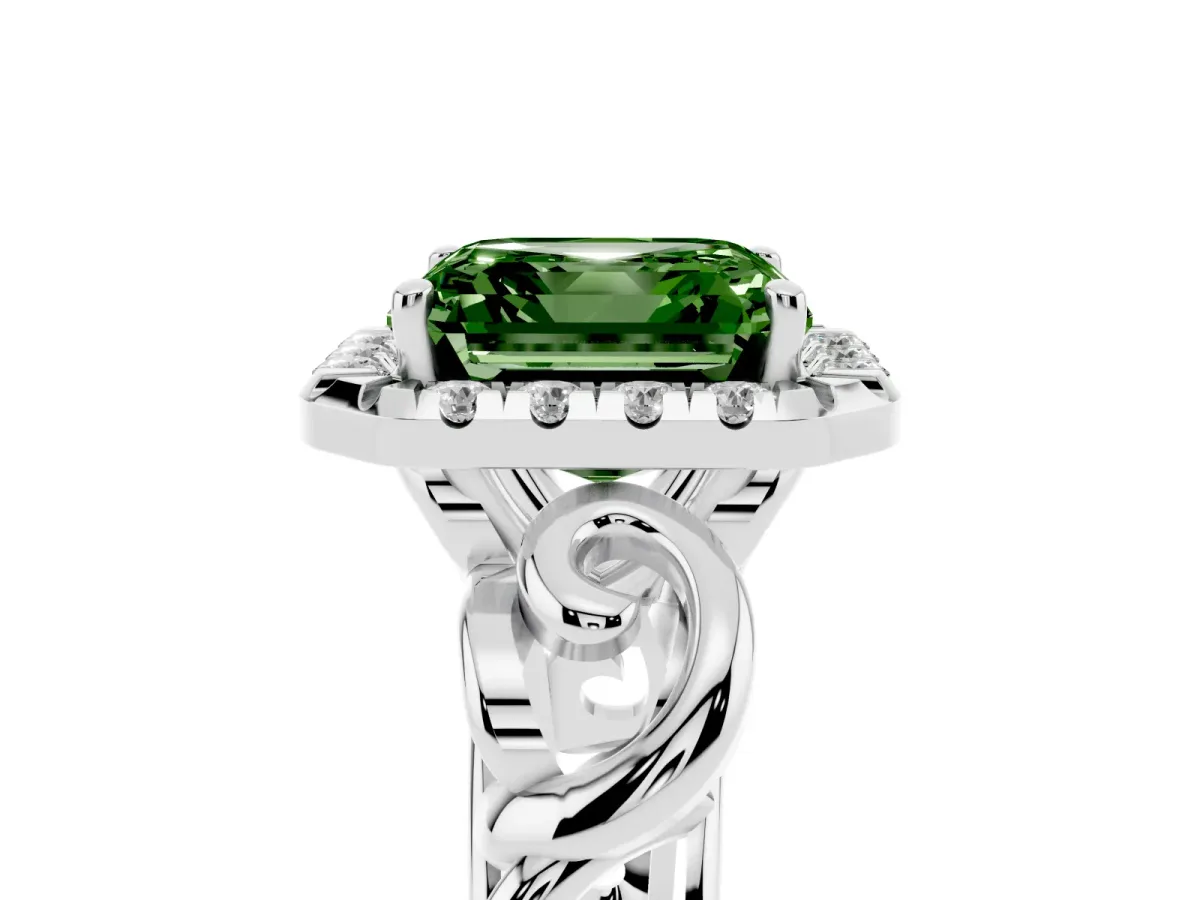 Fancy Green Asscher Cut Cut Halo Diamond Ring with Scrollwork Band and Four-Prong Setting Silver