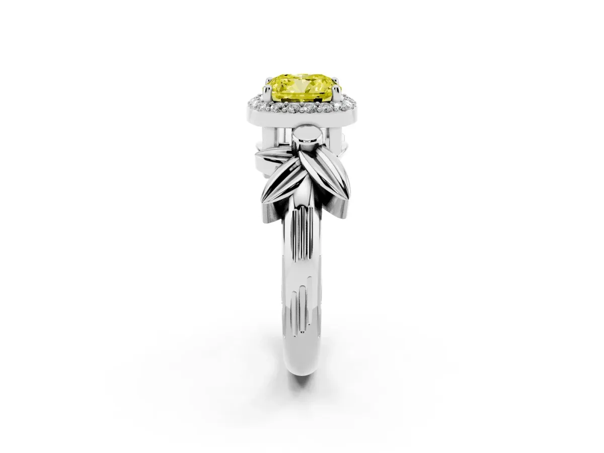 Fancy Yellow Cushion Cut Halo Diamond Floral Band with Four-Prong Setting Platinum