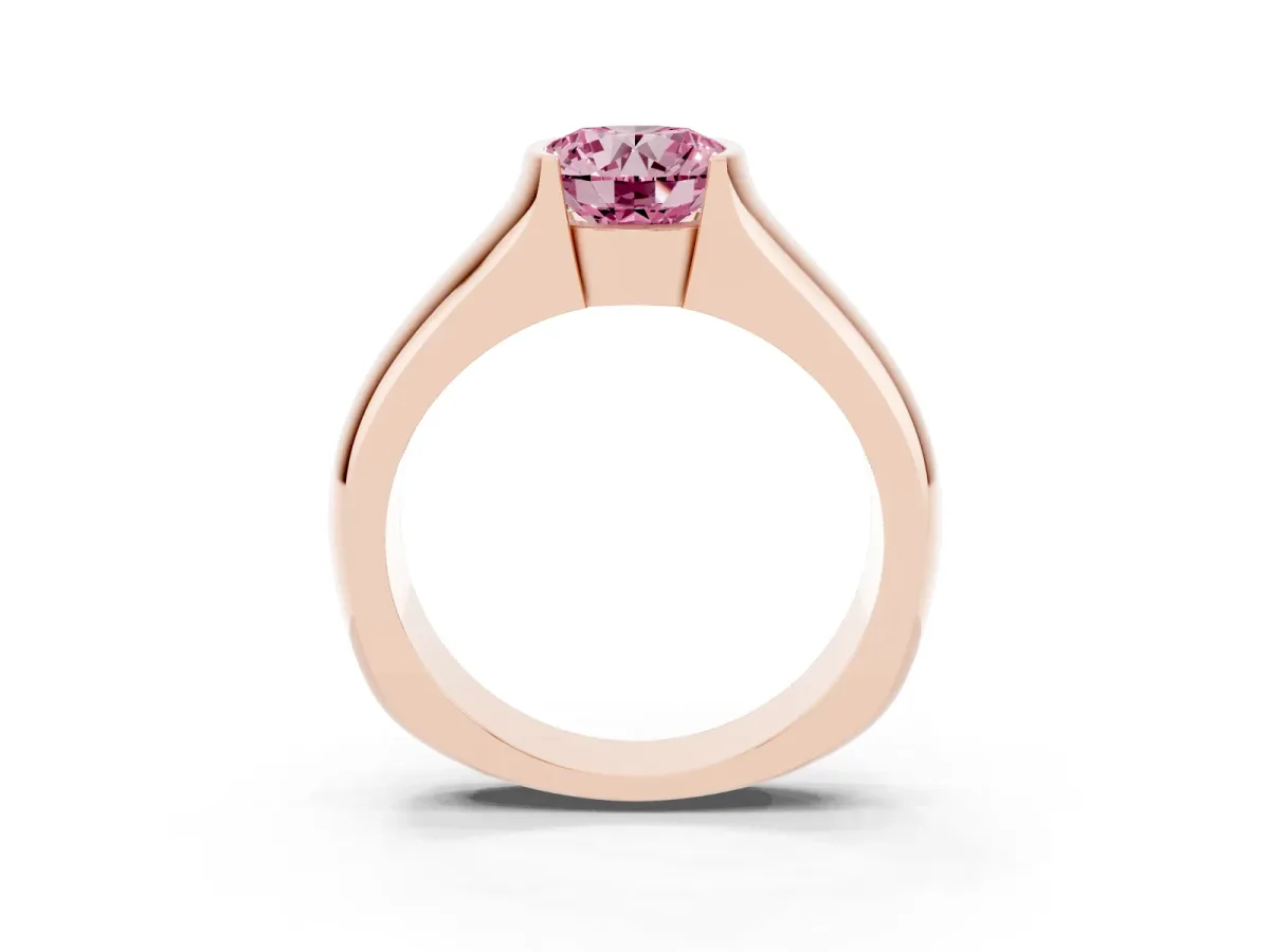 Fancy Pink Round Cut Solitaire Bezel Set Diamond Ring with Wide Band Rose gold