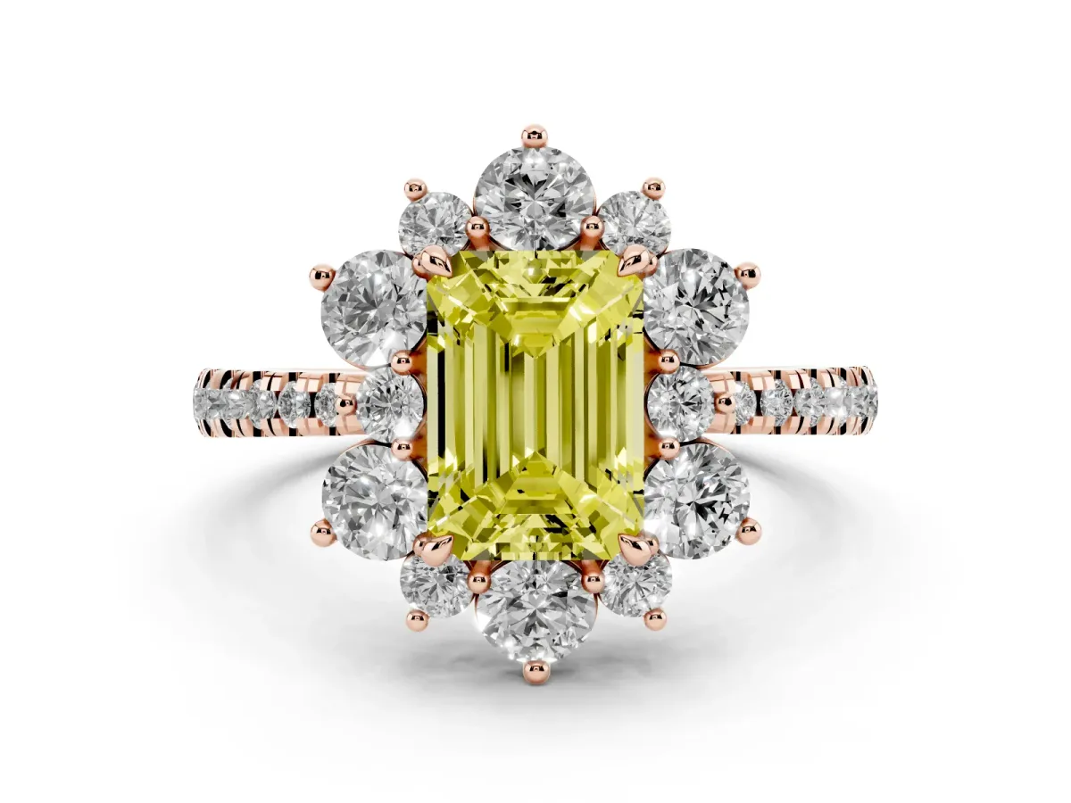 Fancy Yellow Emerald Cut Diamond Floral Halo Ring with Round Pavé Band and Prong Setting Rose gold