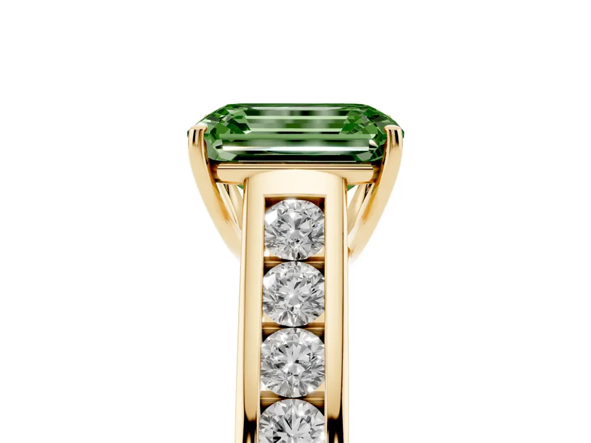 Fancy Green Emerald Cut Brilliant Channel-Set Solitaire Ring with Four-Prong Setting Yellow gold