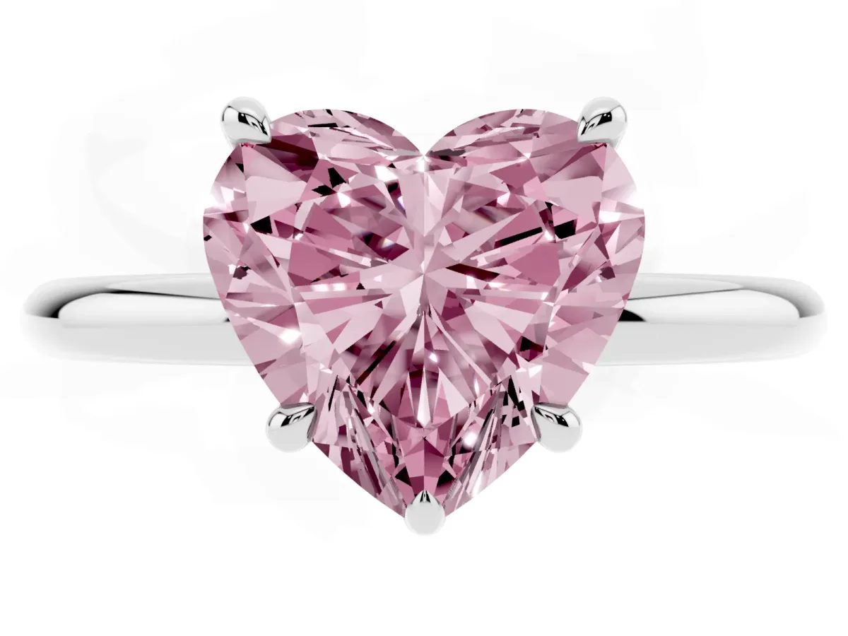 Fancy Pink Heart Cut Diamond Solitaire Ring with Thin Band and Four-Prong Setting Platinum