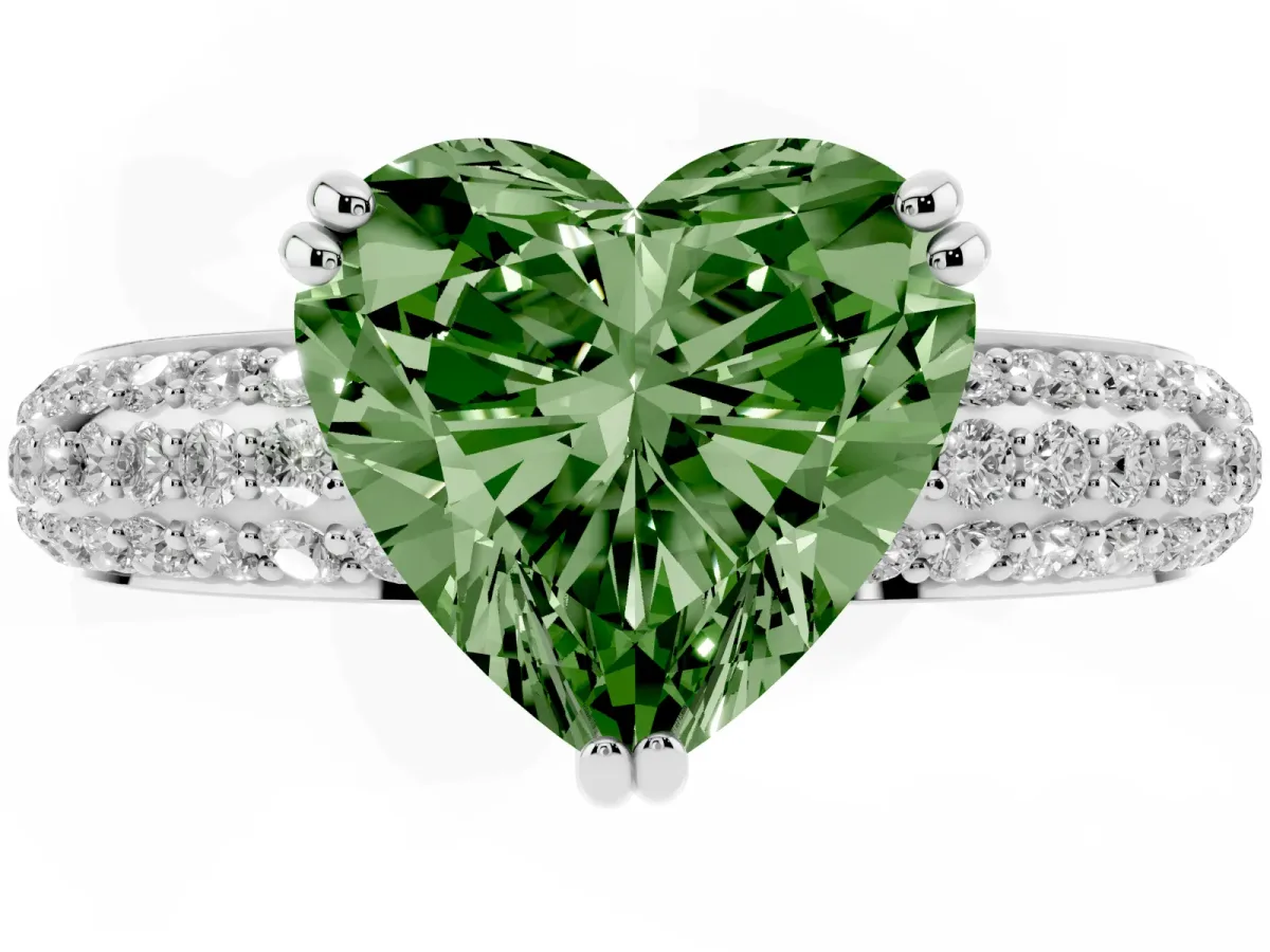 Fancy Green Heart Cut Diamond Solitaire Ring with Multi-Row Round Pavé Band and Prong Setting White gold