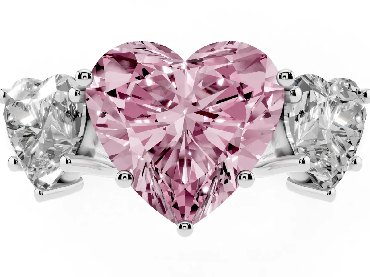 Fancy Pink Three-Stone Heart Cut Diamond Engagement Ring with Prong Setting Platinum