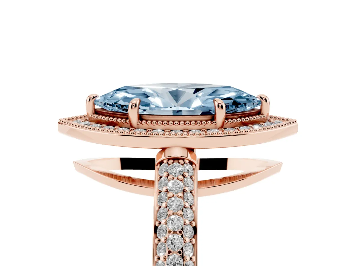 Fancy Blue Marquise Cut Cut Halo Diamond Pave Band with Four-Prong Setting Rose gold