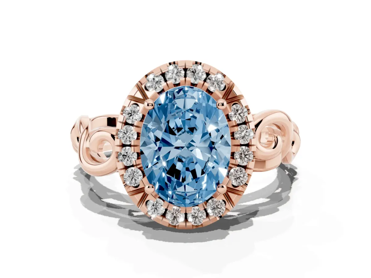 Fancy Blue Oval Cut Cut Halo Diamond Ring with Scrollwork Band and Four-Prong Setting Rose gold