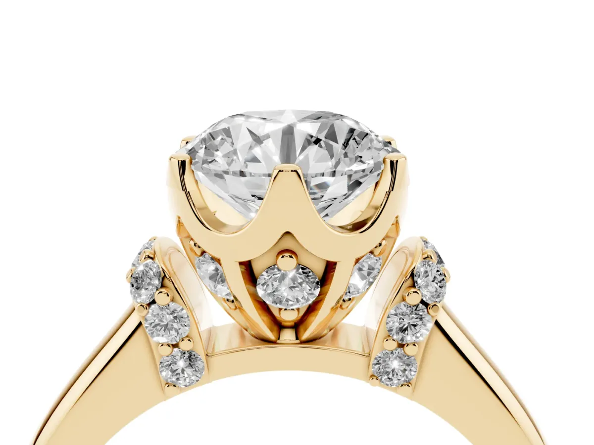 Round Cut Brilliant Solitaire Cathedral Engagement Ring with Pave Accents Yellow gold
