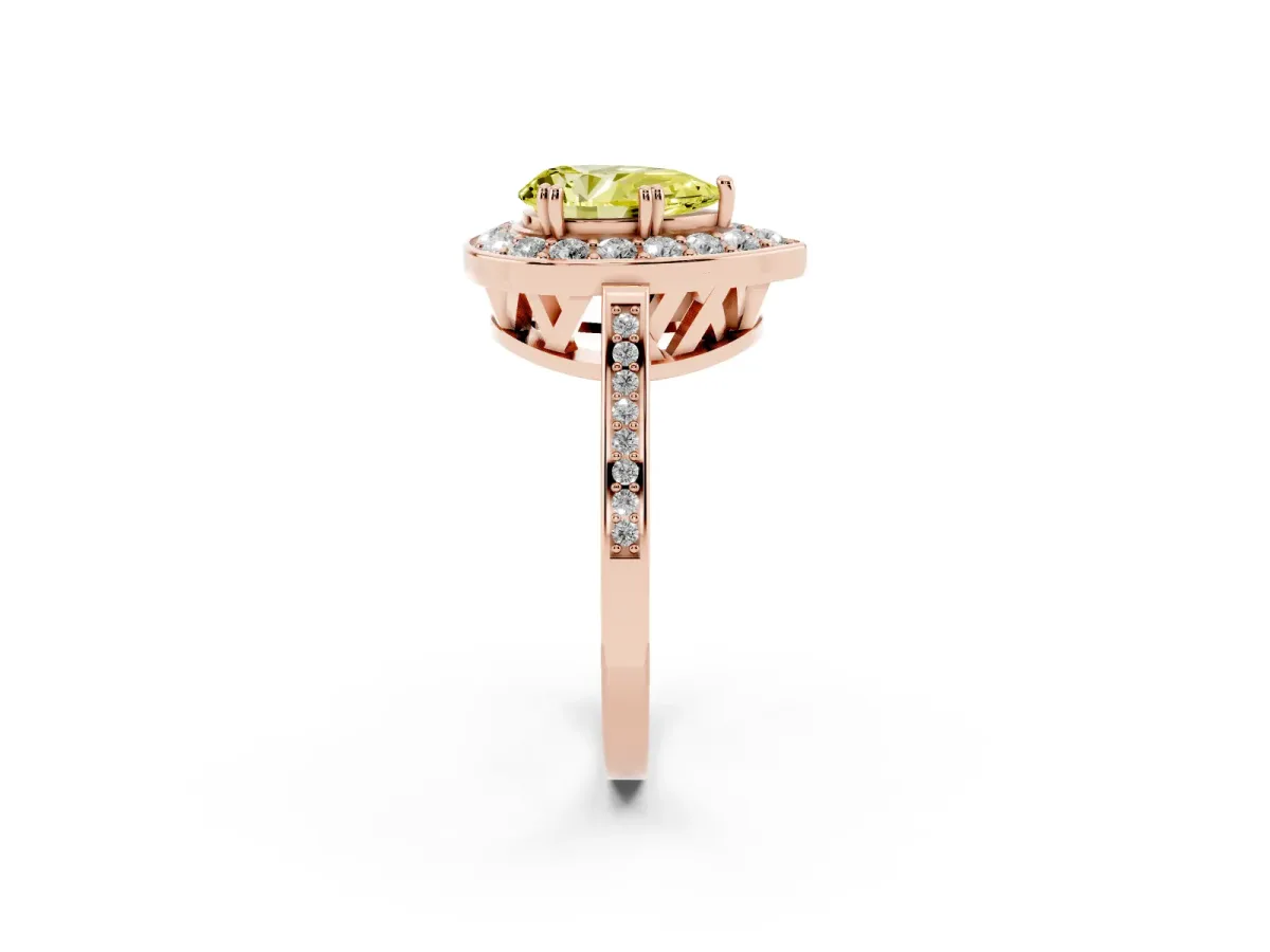 Fancy Yellow Pear Cut Diamond Halo Ring with Split Shank and Four-Prong Setting Rose gold
