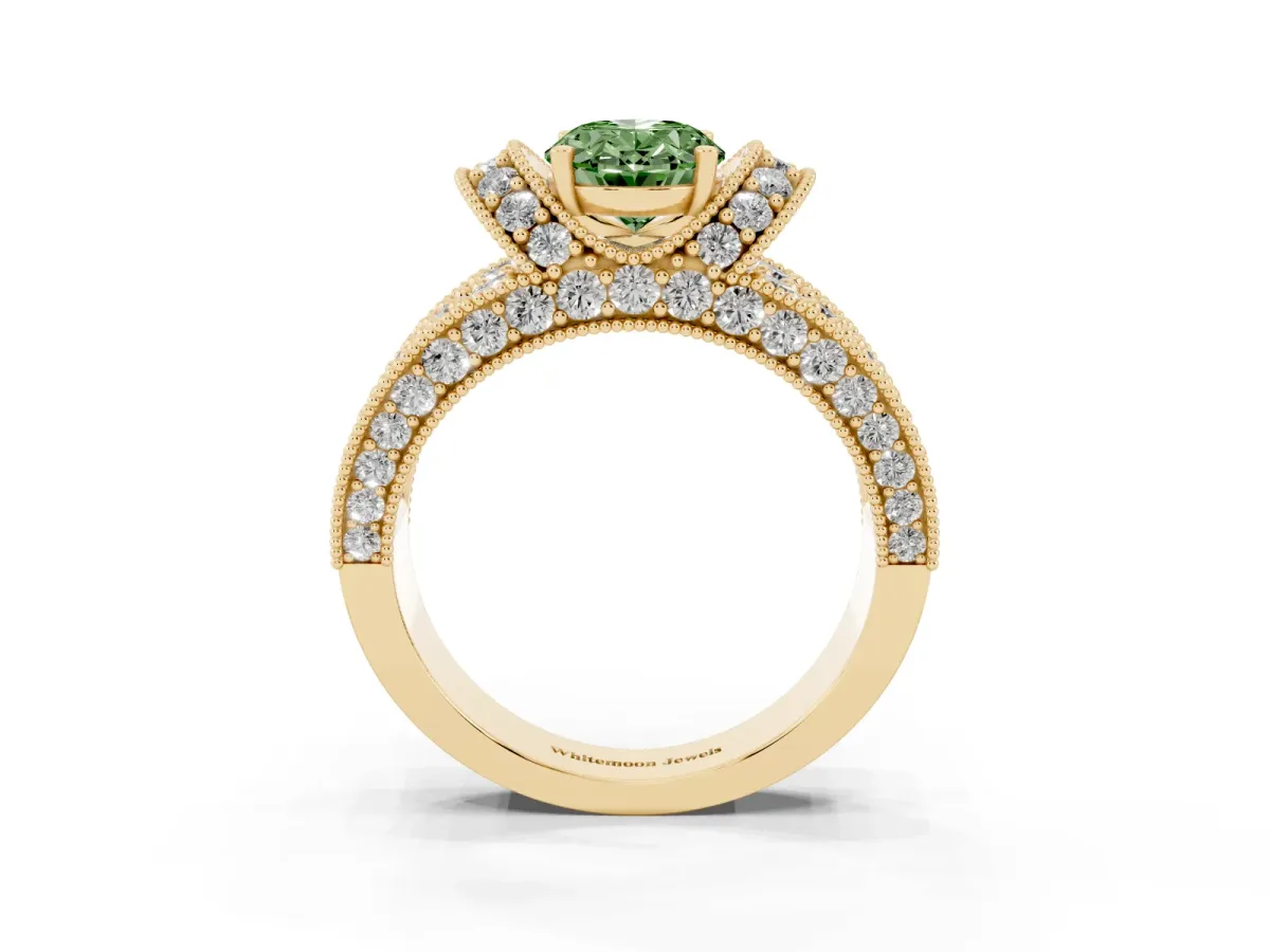 Fancy Green Oval Cut Halo Pave Diamond Engagement Ring with Milgrain Detailing Yellow gold