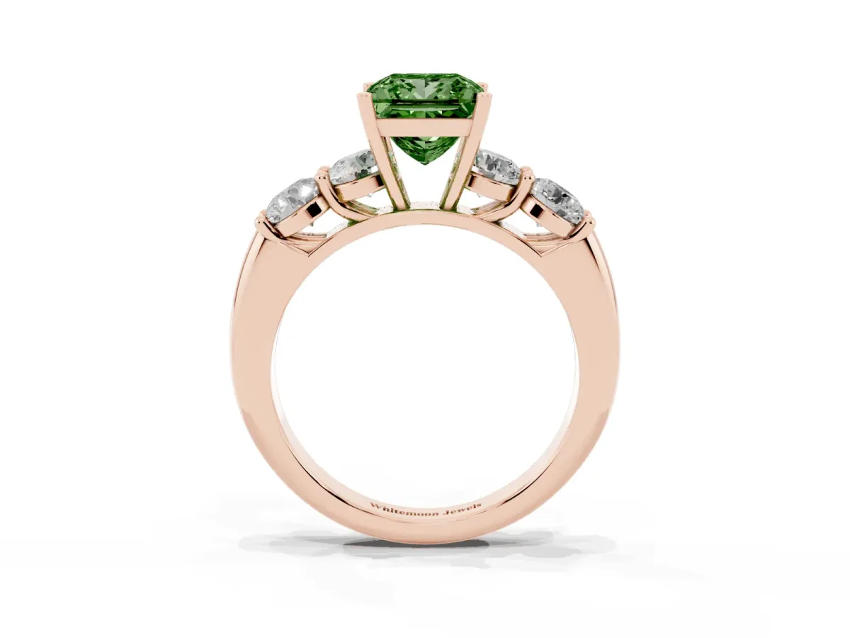 Fancy Green Princess Cut Cut Five-Stone Prong Set Diamond Ring with Classic Band Rose gold