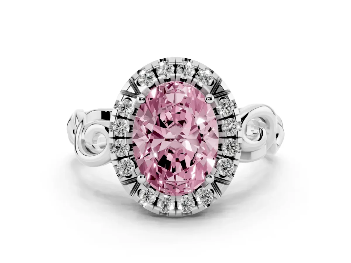 Fancy Pink Oval Cut Cut Halo Diamond Ring with Scrollwork Band and Four-Prong Setting Platinum