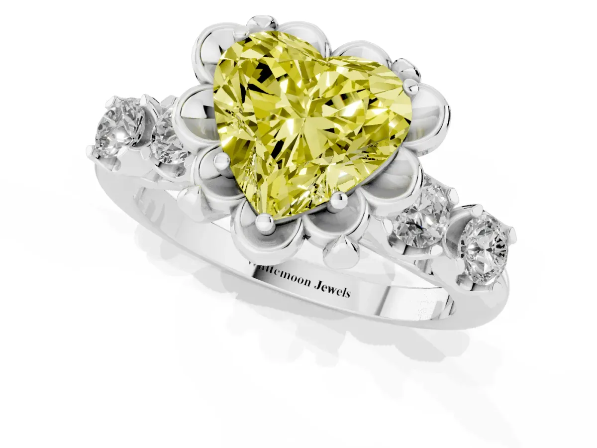 Fancy Yellow Heart Cut Cut Diamond Floral Halo Engagement Ring with Shared Prong Setting White gold