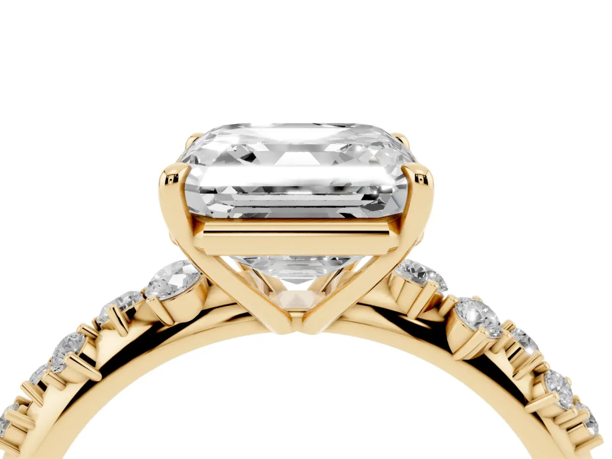 Asscher Cut Diamond Cluster Side Stone Solitaire Ring with Prong Setting Yellow gold