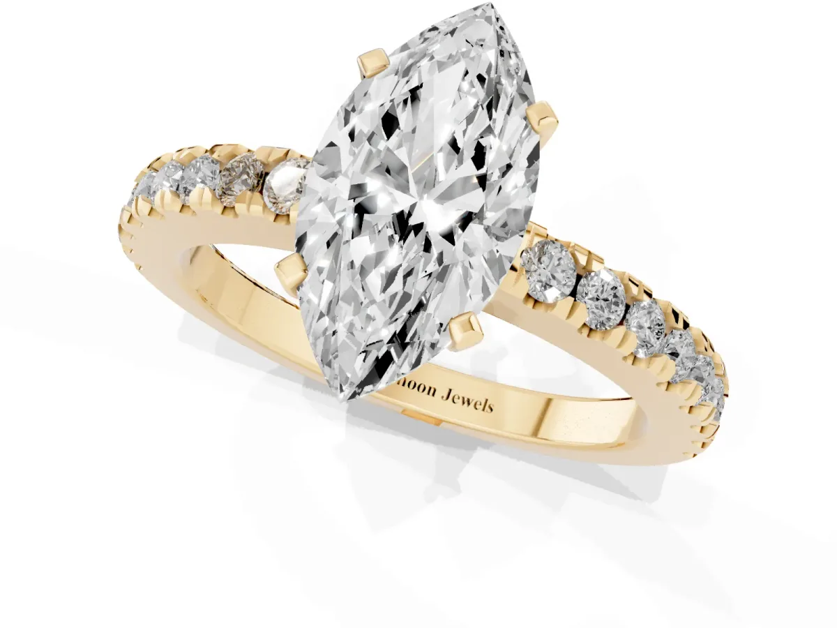 Marquise Cut Solitaire Diamond with Pavé Band and Four-Prong Setting Yellow gold