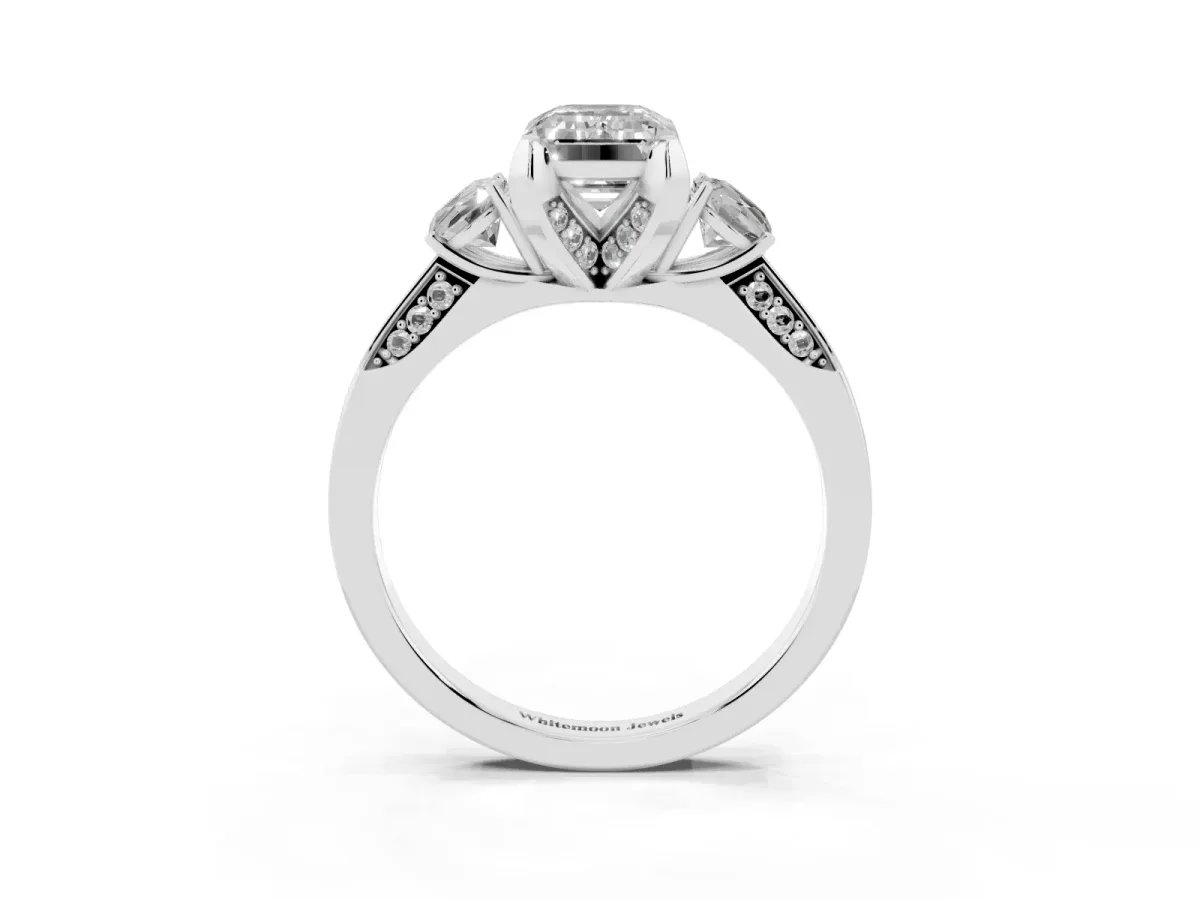Fancy Yellow Emerald Cut Brilliant Three-Stone Diamond Ring with Pavé Band and Four-Prong Setting Platinum