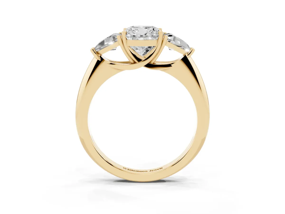 Three-Stone Cushion Cut Diamond Engagement Ring with Trillion Side Stones and Prong Setting Yellow gold