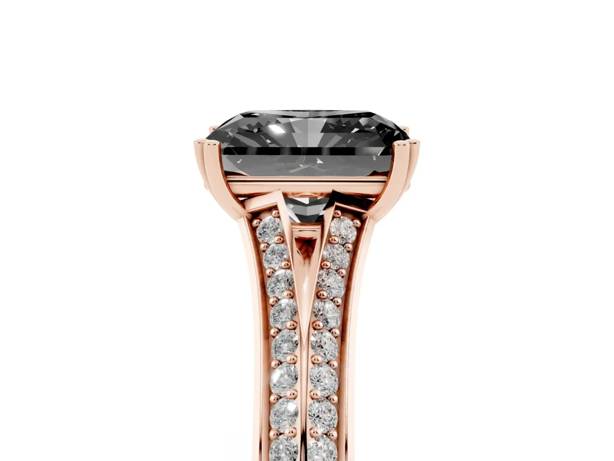 Fancy Black Radiant Cut Diamond Split Shank Engagement Ring with Pavé Band Rose gold
