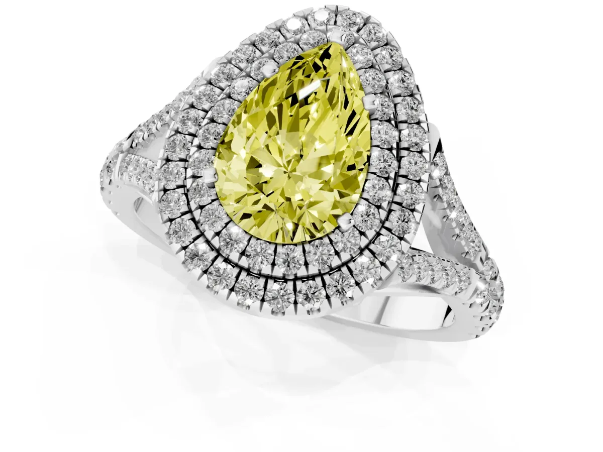 Fancy Yellow Pear Cut Diamond Double Halo Ring with Split Shank and Prong Setting Platinum