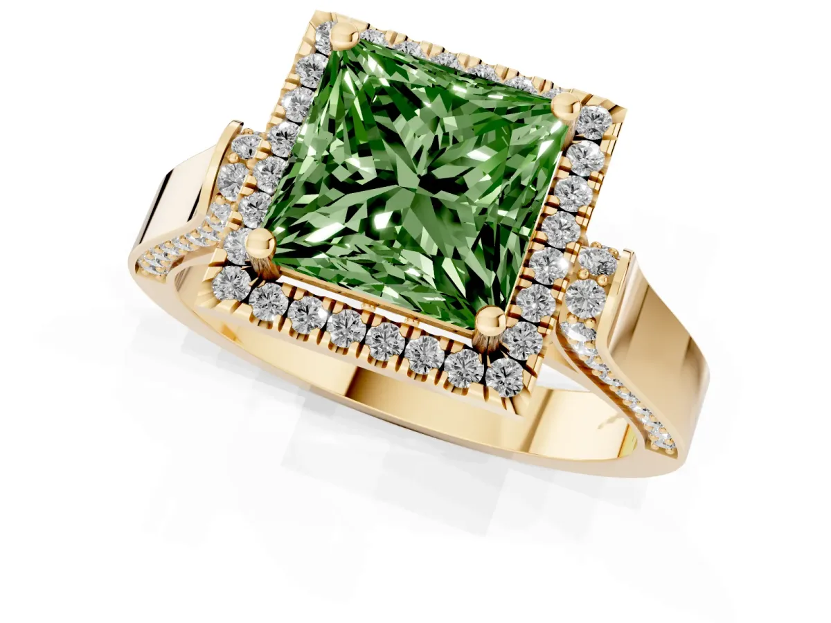 Fancy Green Princess Cut Halo Round Diamond Twist Band with Four-Prong Setting Yellow gold