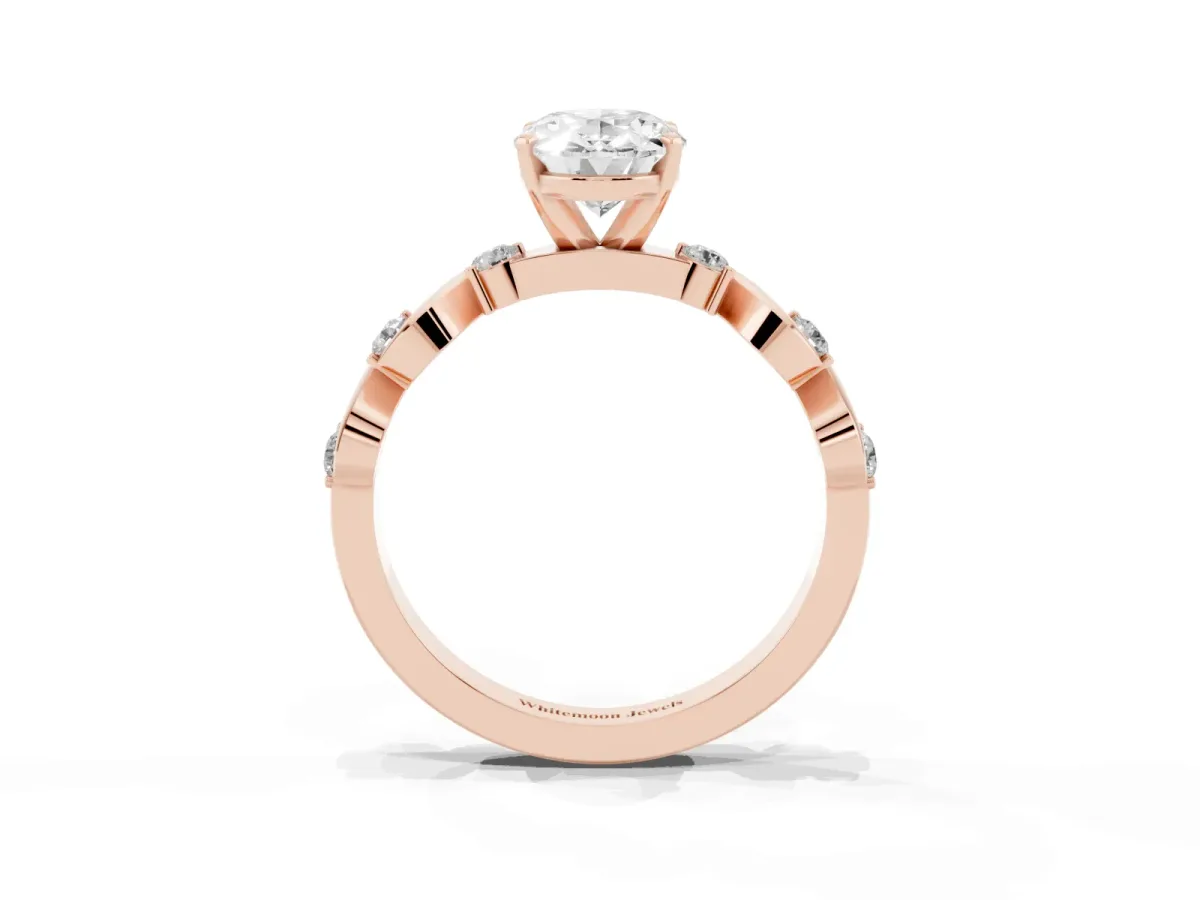 Oval Cut Diamond Solitaire Twisted Band with Round Accents and Prong Setting Rose gold
