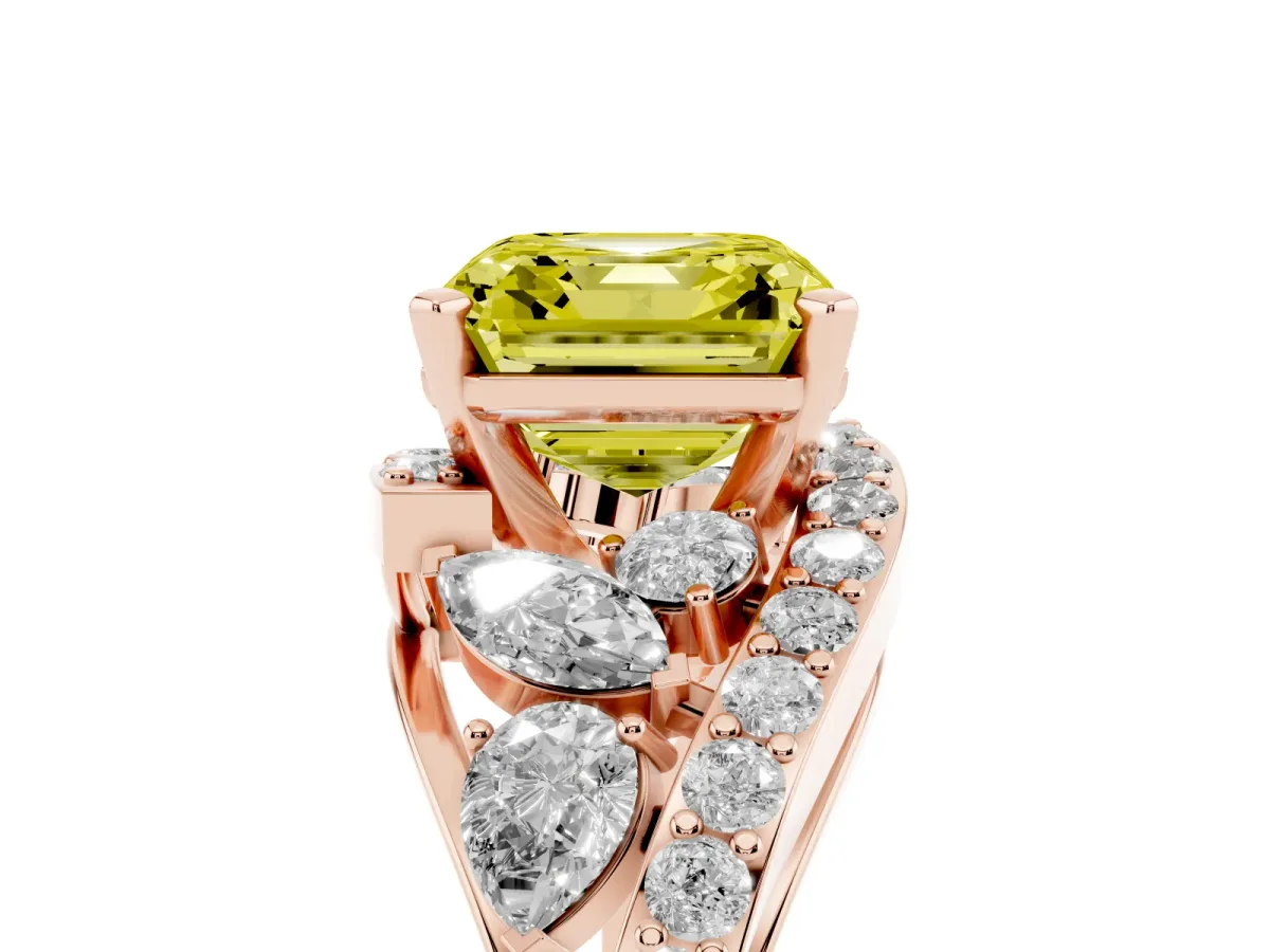 Fancy Yellow Asscher Cut Diamond Halo Ring with Marquise and Pavé Band in Prong Setting Rose gold