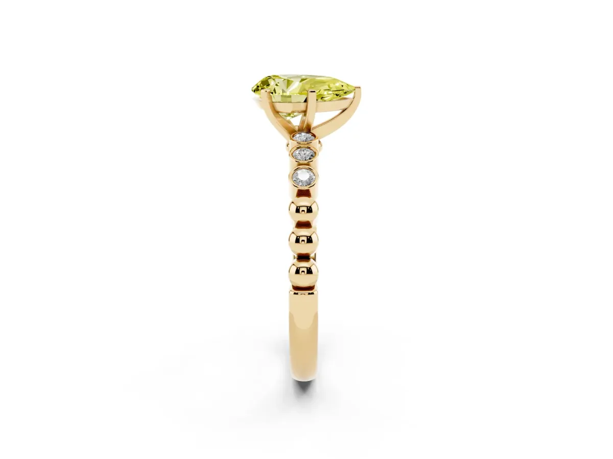 Fancy Yellow Pear Cut Solitaire Bezel Accent Diamond Engagement Ring with Beaded Band and Four-Prong Setting Yellow gold
