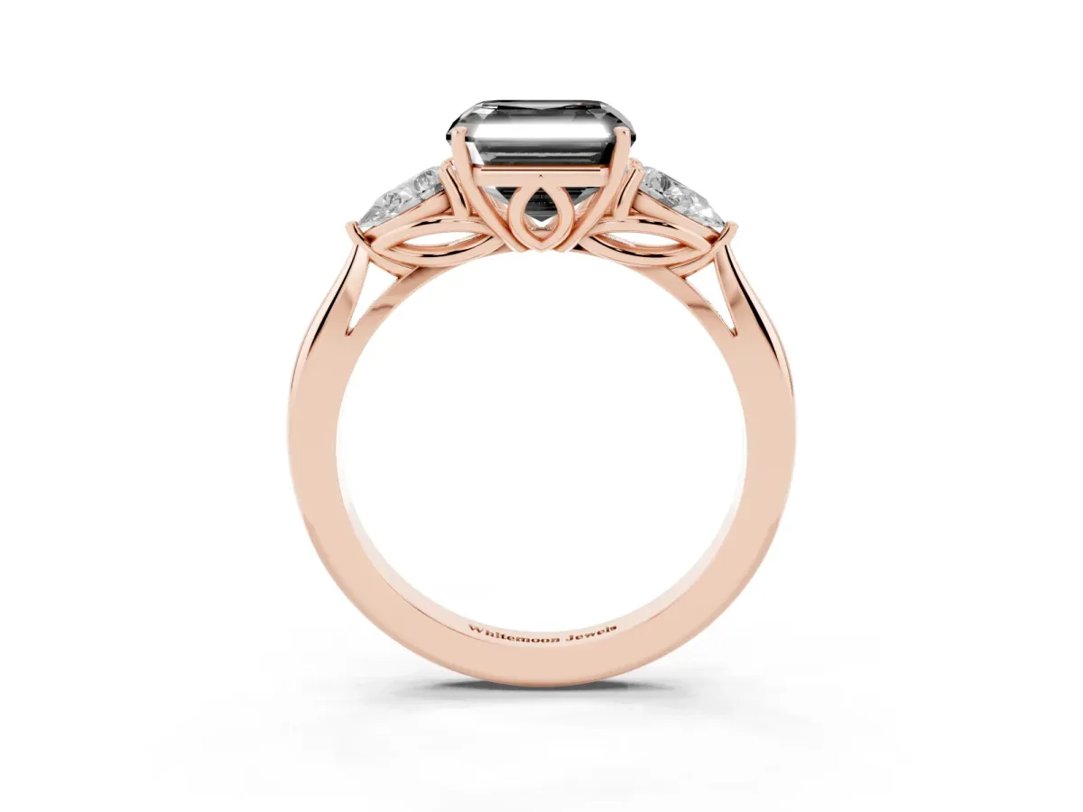 Fancy Black Asscher Cut Diamond Three-Stone Ring with Pear Side Stones and Prong Setting Rose gold