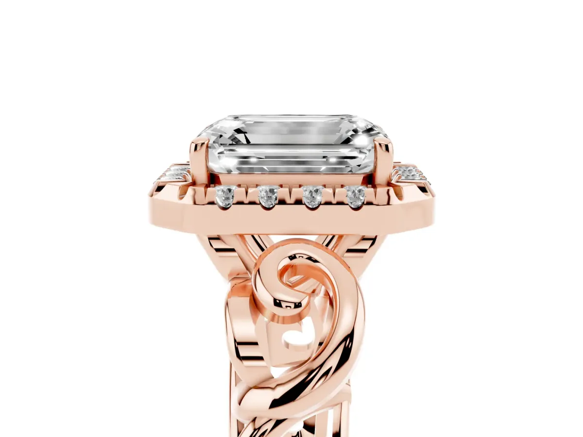 Emerald Cut Cut Halo Diamond Ring with Scrollwork Band and Four-Prong Setting Rose gold