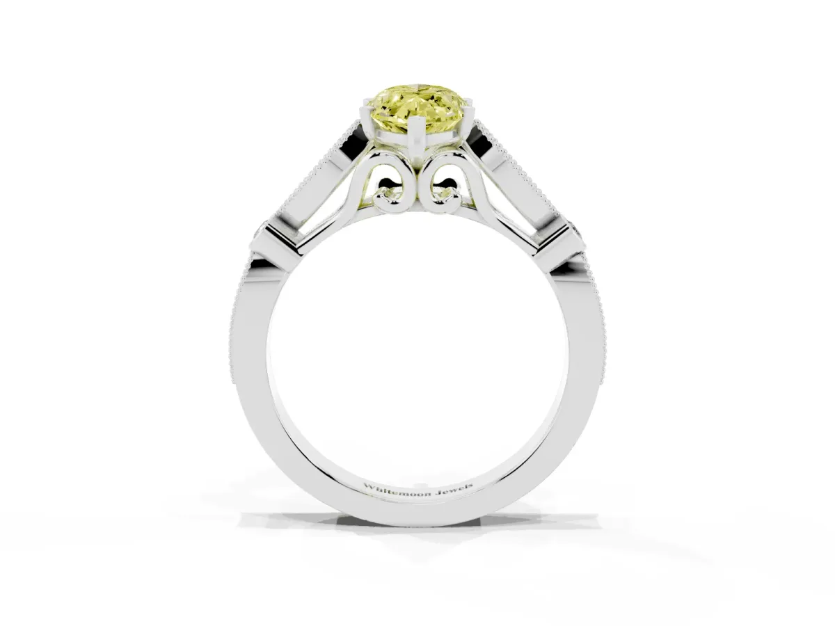 Fancy Yellow Marquise Cut Cut Diamond with Milgrain Marquise and Bezel Accents on a Solitaire Band with Prong Setting Silver