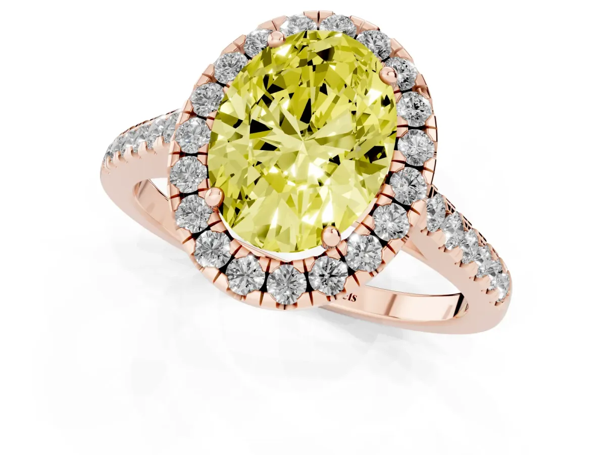 Fancy Yellow Oval Cut Halo Pave Diamond Engagement Ring with Four-Prong Setting Rose gold