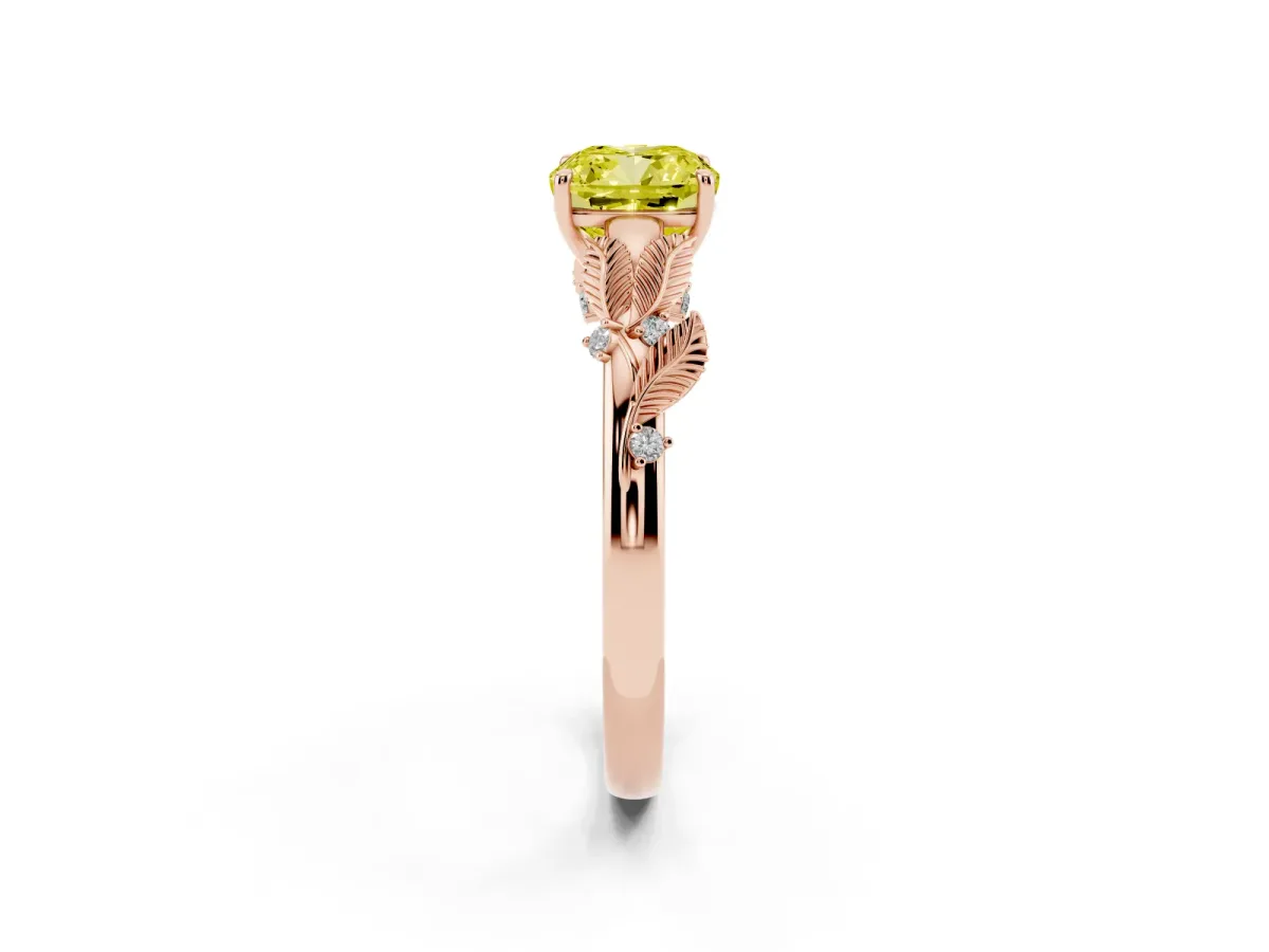 Fancy Yellow Cushion Cut Diamond Solitaire Ring with Leaf Motif Band and Four-Prong Setting Rose gold