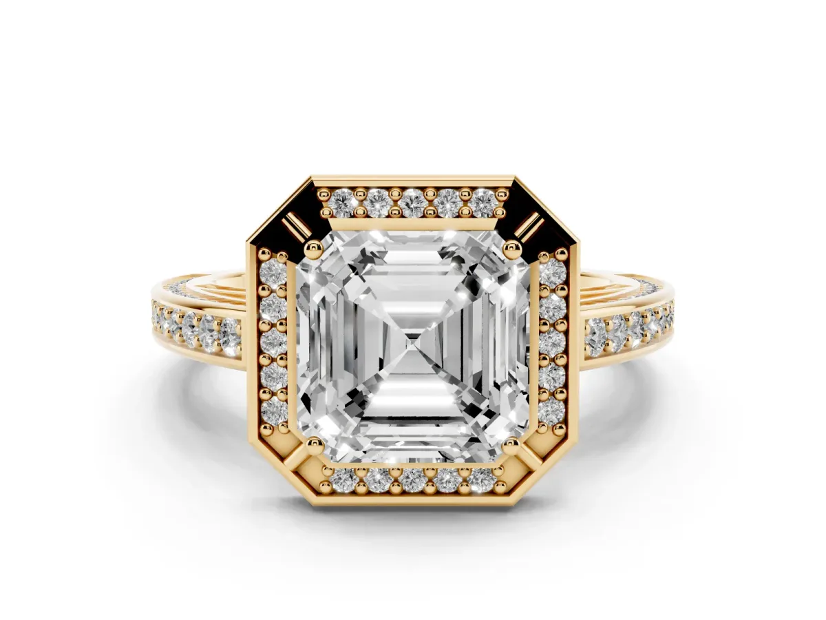 Asscher Cut Cut Halo Pave Split Shank Prong Setting Ring Yellow gold