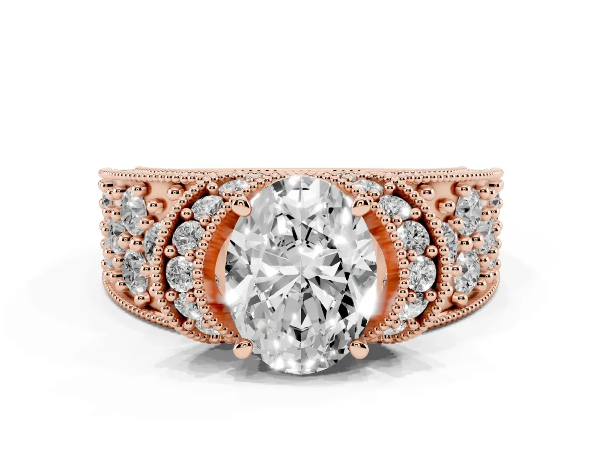 Oval Cut Halo Pave Diamond Engagement Ring with Milgrain Detailing Rose gold