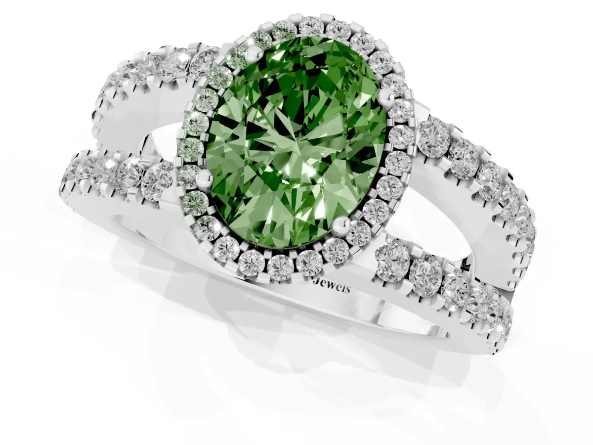 Fancy Green Oval Cut Cut Halo Split Shank Diamond Ring with Four-Prong Setting Platinum