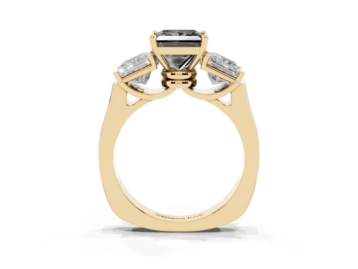 Fancy Black Three-Stone Princess Cut Brilliant Diamond Trellis Ring with Comfort Fit Band Yellow gold