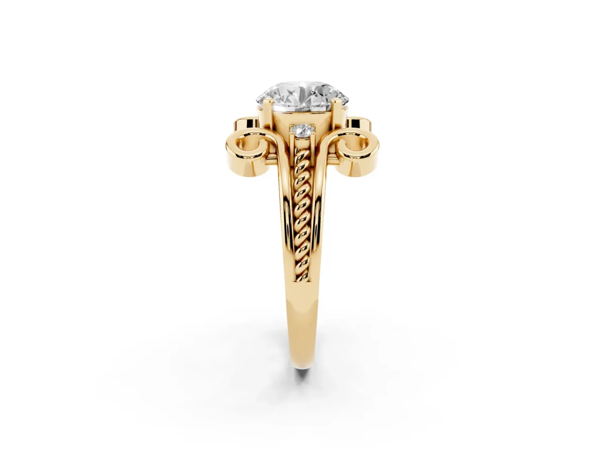 Round Cut Solitaire Twisted Band Scroll Prong Ring Yellow gold